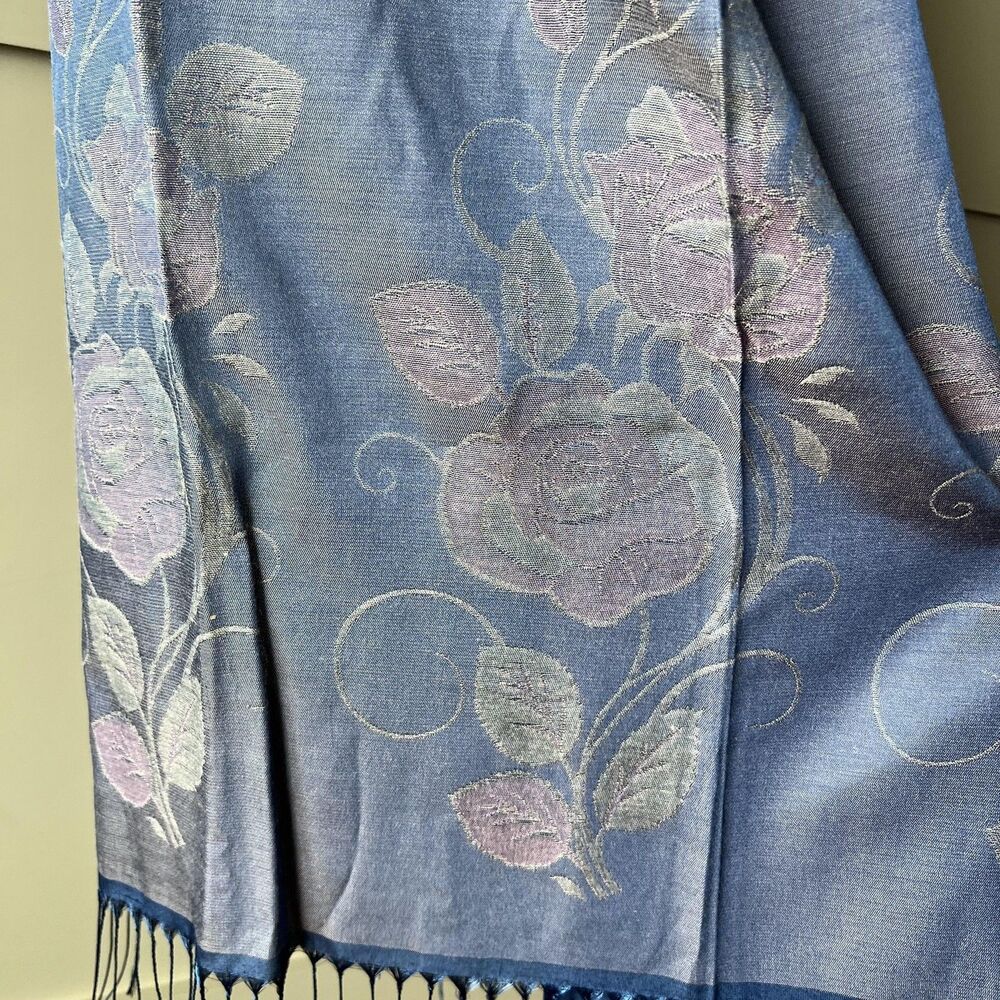 Ozsoy Aksesuar Scarf Womens Large Blue Purple Reversible Rose Floral‎ Wrap Shawl - Picture 2 of 9